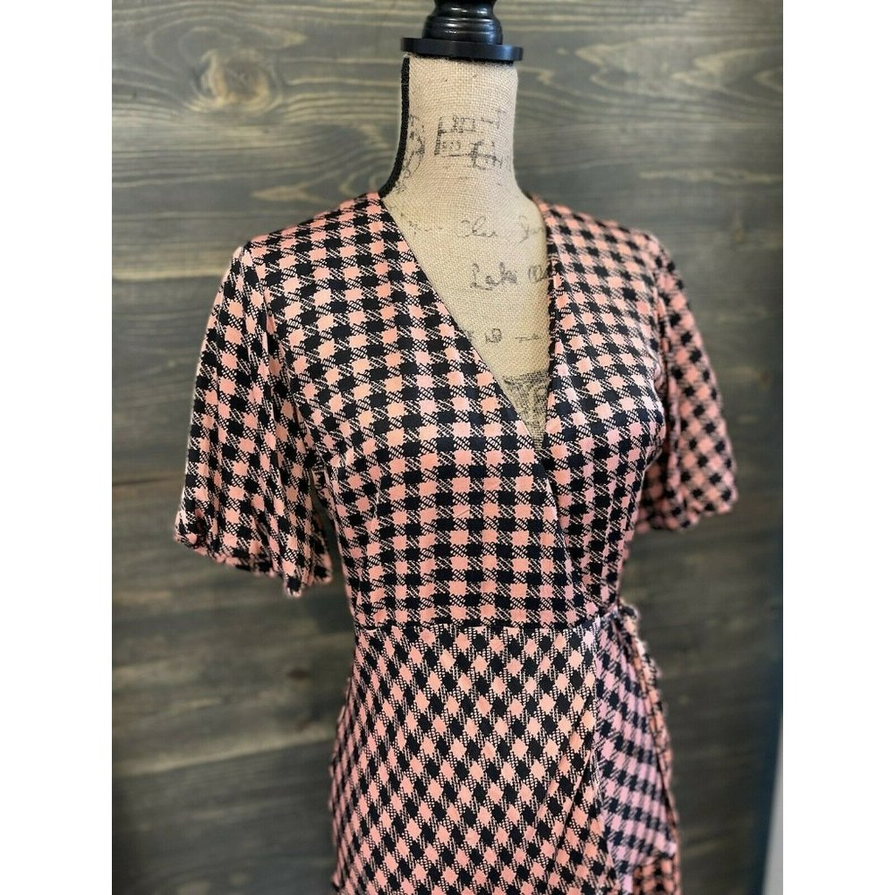 Topshop Women's Wrap Plunge V Neck Checkered Print Midi Dress Size 2 Small - Picture 3 of 11